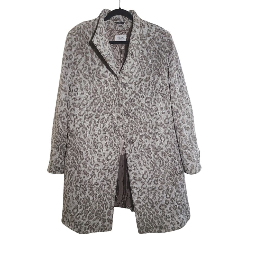 Cinzia Rocca Icon Gray Leopard Slant Pockets Crossover Collar Coat US 18  0